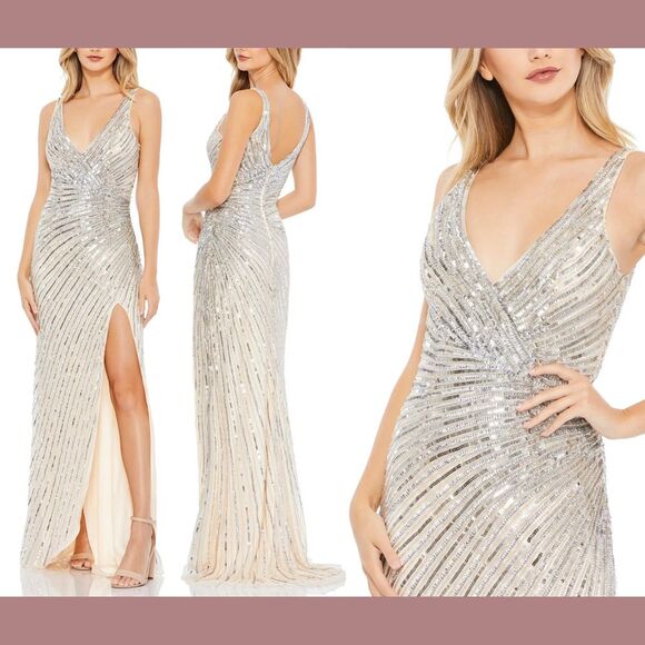 NWT $398 Mac Duggal [ 10‎ ] Sequin Beaded A-Line Gown 5372 in Nude Silver #S1156 - Picture 1 of 15